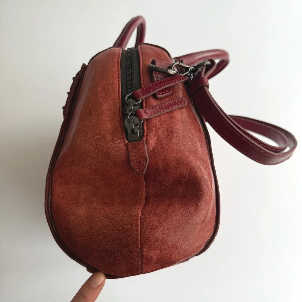 Olivia Harris Double Top Satchel Distressed Red Leather Shoulder Bag Purse - Picture 8 of 14